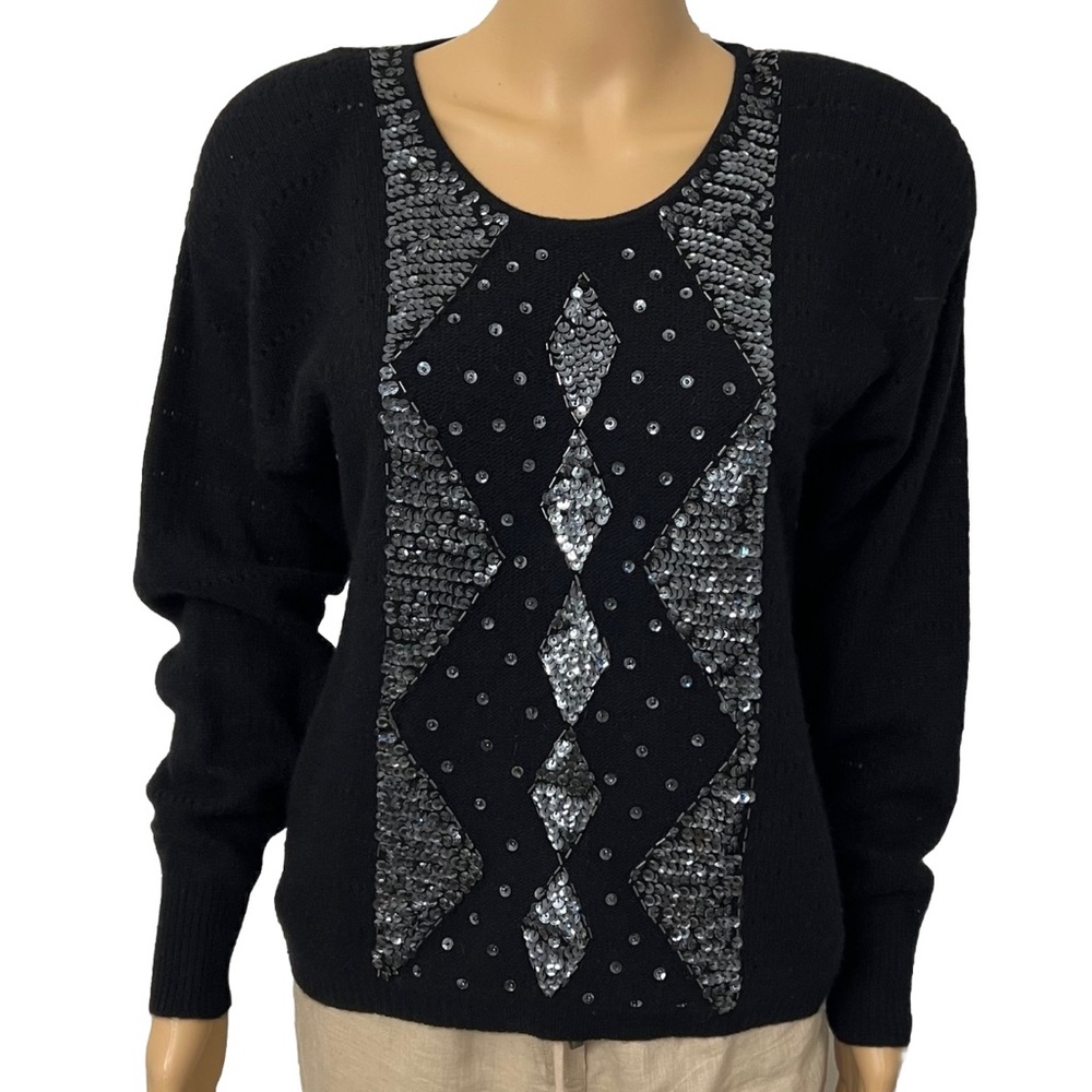 L’eau Vive Womens Sweater Medium Black Angora Lambswool Padded Sequins Vintage